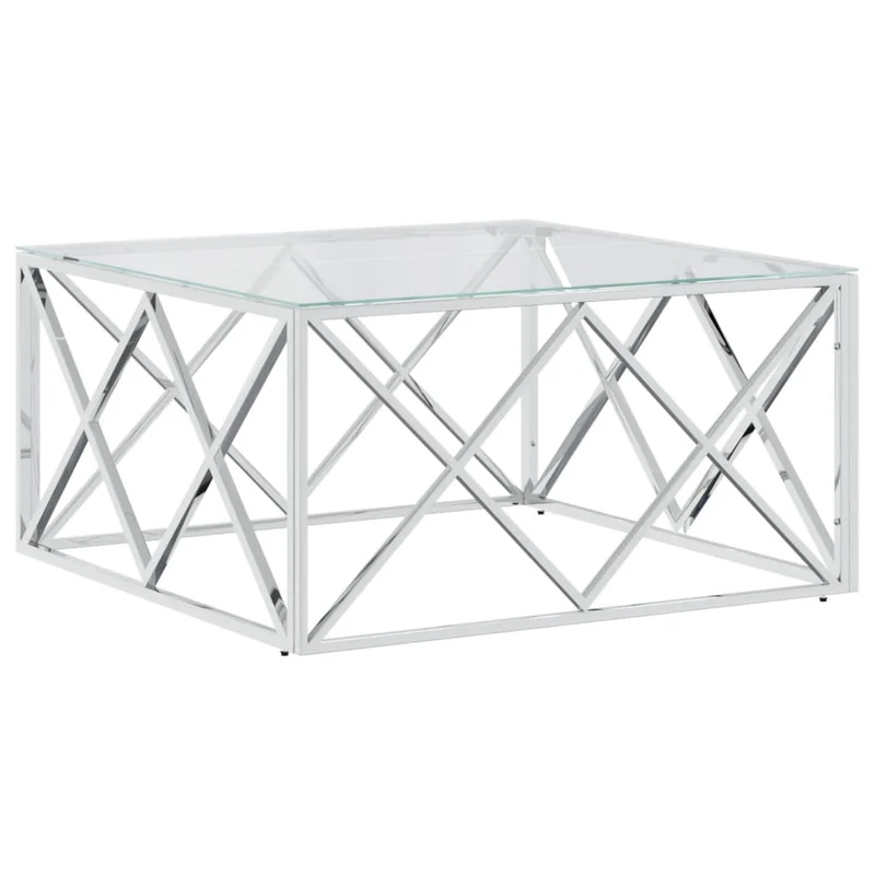 Table basse de salon design moderne 80 x 80 x 40 cm acier inoxydable et verre argenté DEC037191