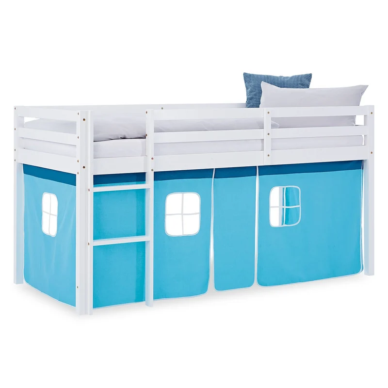Lit mezzanine avec sommier à lattes 90x200cm avec échelle en bois laqué blanc et toile bleu incluse sans matelas LIT06248