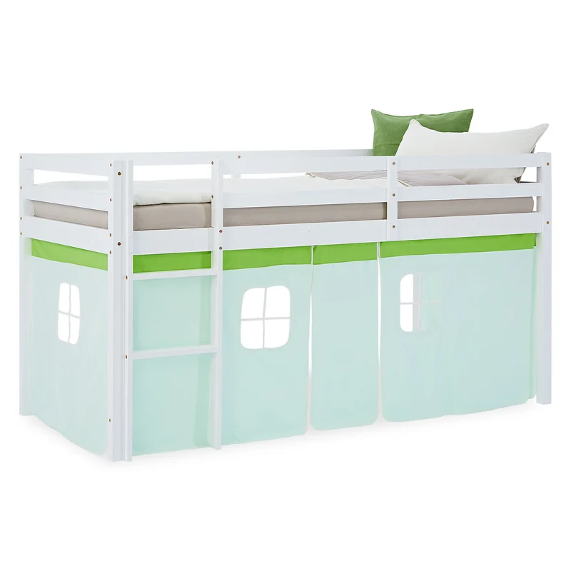Lit mezzanine avec sommier à lattes 90x200cm avec échelle en bois laqué blanc et toile verte incluse sans matelas LIT06247