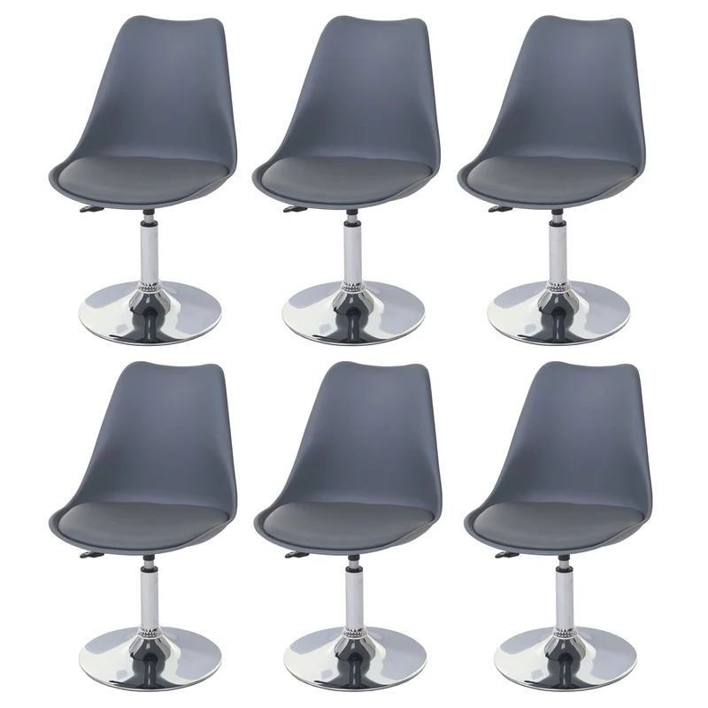 Lot de 6 chaises de salle à manger réglable en hauteur siège pivotant PVC et plastique gris foncé piètement métal chromé 04_0007775