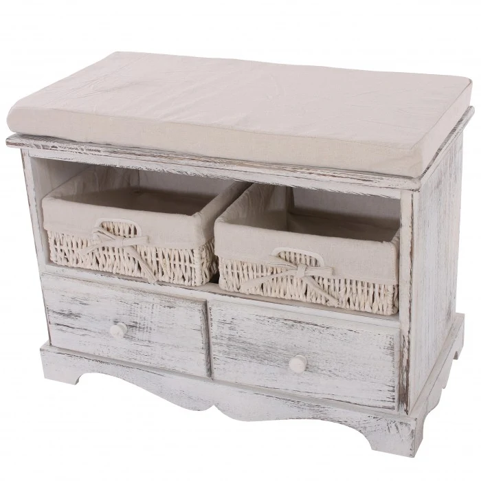 Banquette banc en bois avec 2 paniers et tiroirs blanc 42x62x33cm BAN04024
