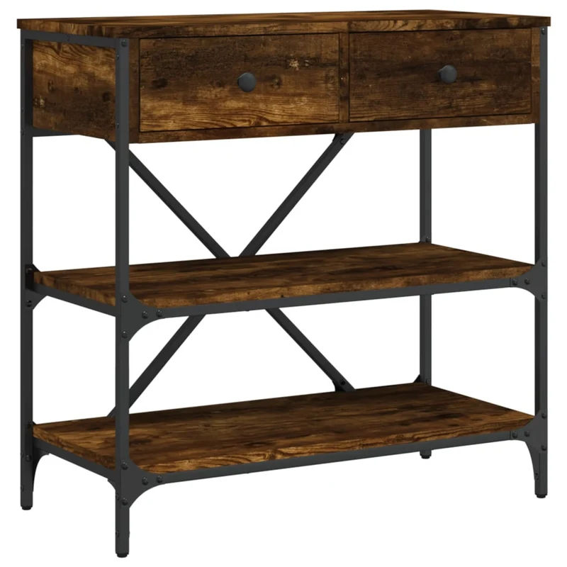 Table console d'entrée fonctionnel et stylé avec étagères et tiroirs 75 x 34,5 x 75 cm bois d'ingénierie marron et métal DEC031812