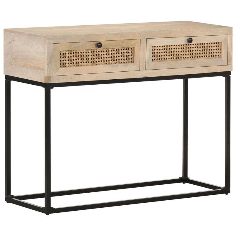 Table console d'entrée fonctionnel et stylé avec tiroirs 100x35x76 cm bois de manguier canne et acier DEC031498