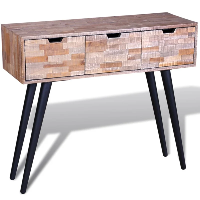 Meuble console d'entrée moderne avec 3 tiroirs en bois de teck recyclé et fer DEC031627