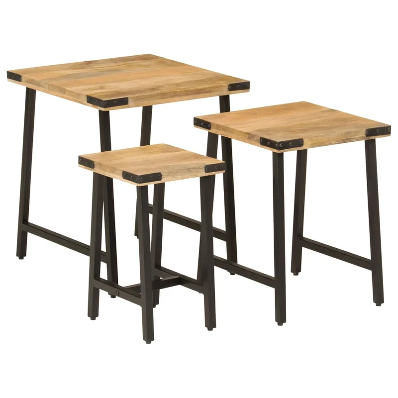 Lot de 3 tables d'appoint gigognes en bois massif de manguier et fer DEC032591