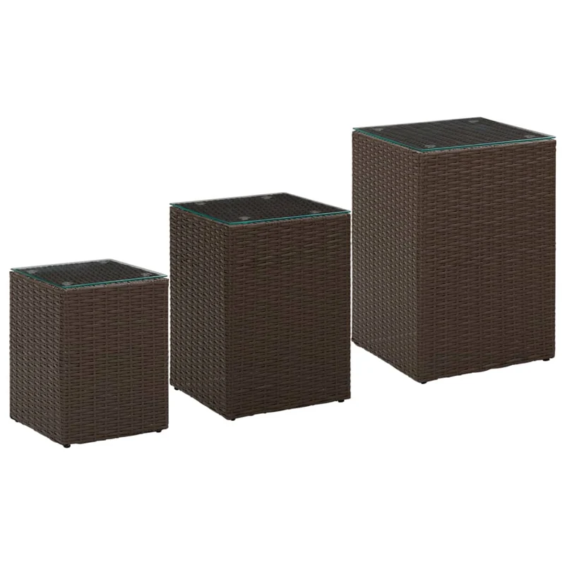Lot de 3 tables d'appoint support de plantes dessus en verre et résine tressée marron DEC032665