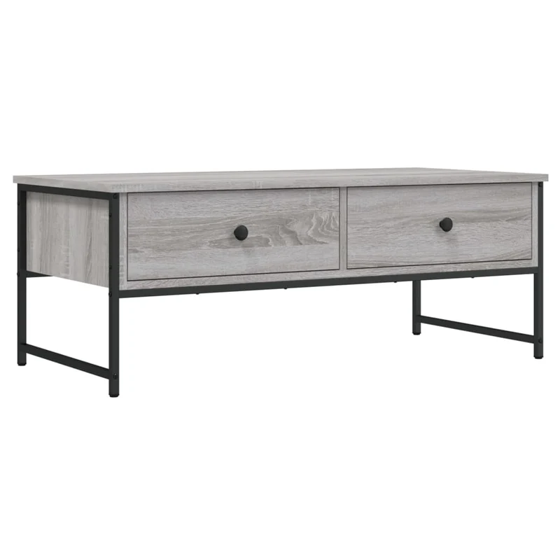 Table basse avec deux tiroirs design industriel 101 x 49 x 39,5 cm bois d'ingénierie gris et métal DEC039969