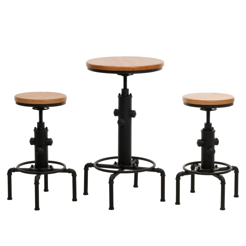 2x tabourets de bar avec table de bar design industriel rotatif hauteur réglable en acier et bois naturel 04_0006775