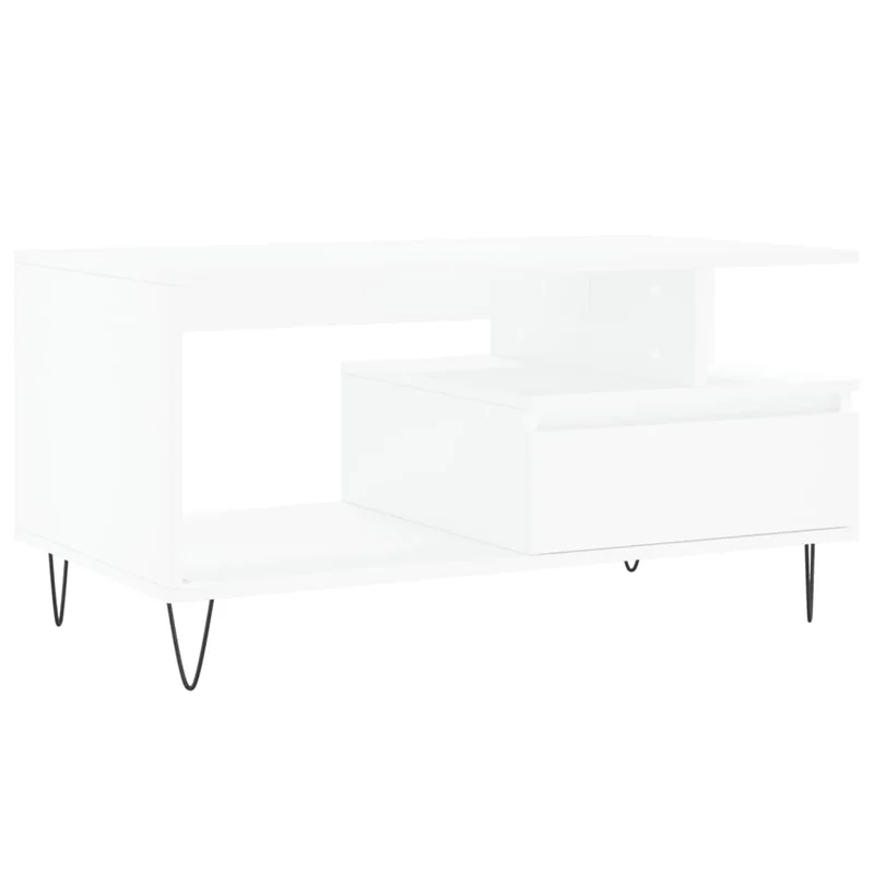 Table basse avec tiroir design moderne et contemporaine 90 x 49 x 45 cm bois d'ingénierie blanc pieds en métal DEC037991