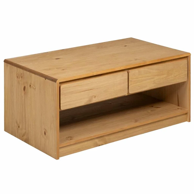 Table basse avec 2 tiroirs et 1 compartiment ouvert design rustique 99 x 55 x 45 cm bois de pin massif couleur chêne DEC039920