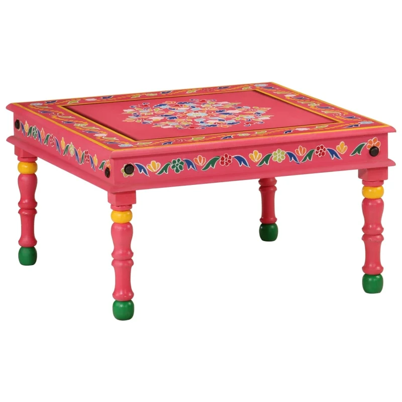 Table basse design artisanal rétro et décoratif bois de manguier massif peint à la main rose DEC039917