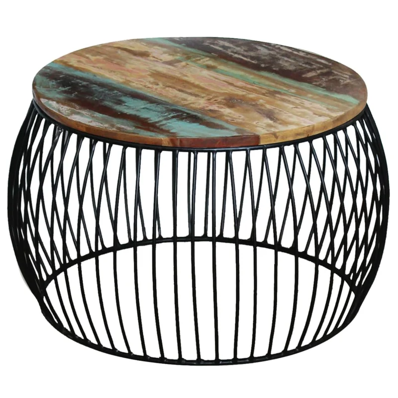Table basse design moderne et contemporaine ronde 68 x 37 cm bois de récupération massif marron et fer DEC039910