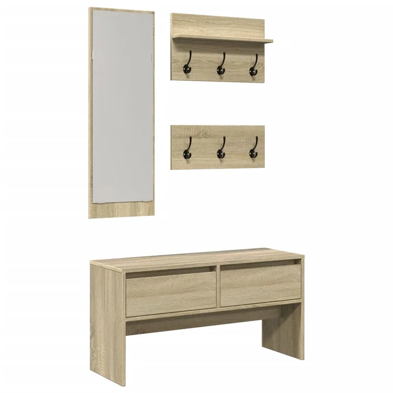 Ensemble de meubles de couloir 4 pièces miroir porte-manteau et banc en MDF couleur chêne sonoma DEC024967