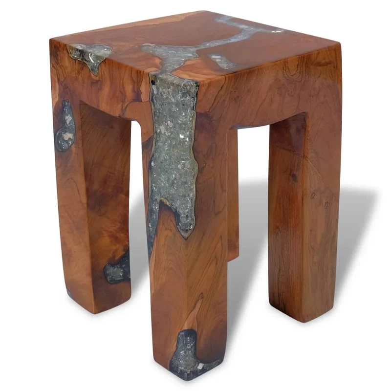 Tabouret assise support plantes 30x30x40 cm bois de teck massif et résine multicolore DEC026339