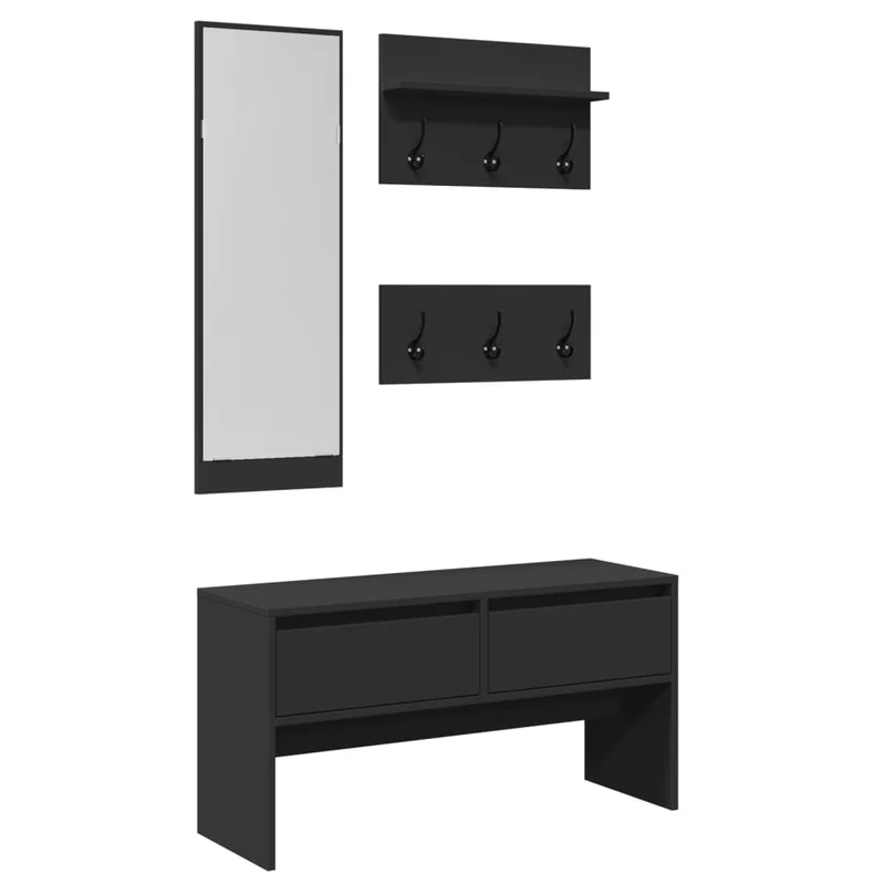Ensemble de meubles de couloir 4 pièces miroir porte manteaux et banc à chaussures en bois d'ingénierie noir DEC024969