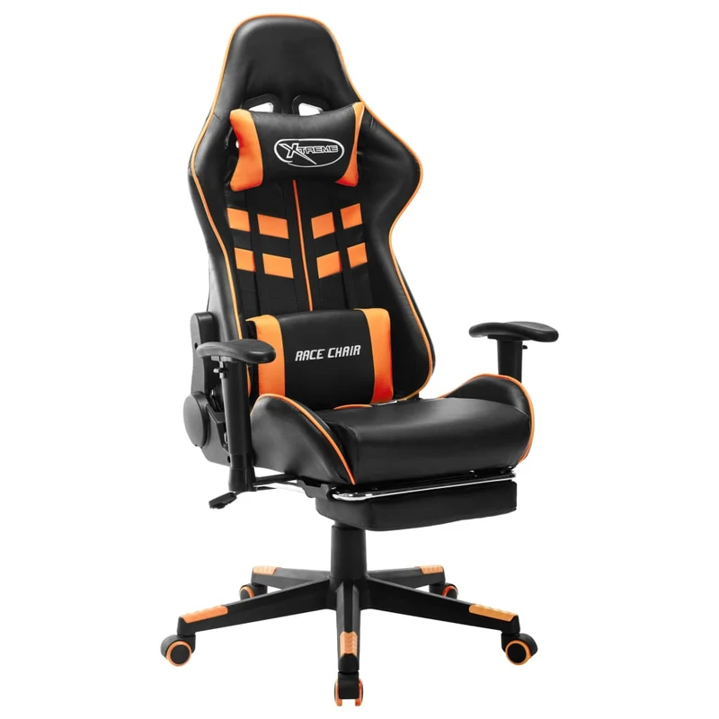 Fauteuil de bureau chaise gaming sur roulettes avec repose-pieds en PVC noir et orange DEC025783