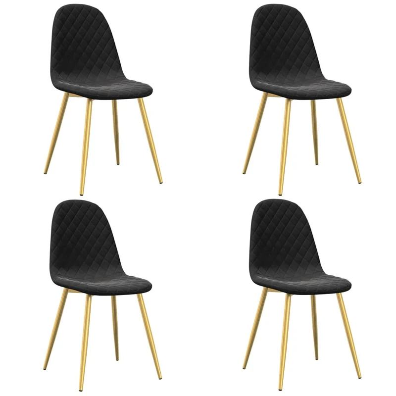 Set de 4 chaises de salle à manger avec coutures forme losange en tissu velours noir pieds fer doré DEC025647