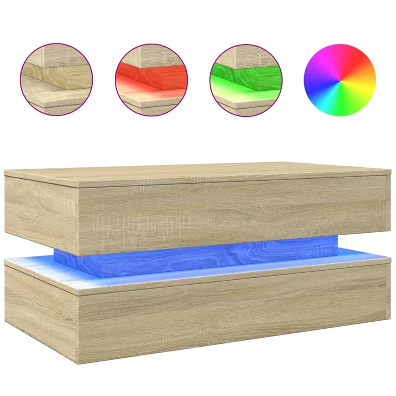 Table basse de salon design moderne avec lumières LED 90 x 50 x 40 cm bois d'ingénierie couleur chêne DEC037652
