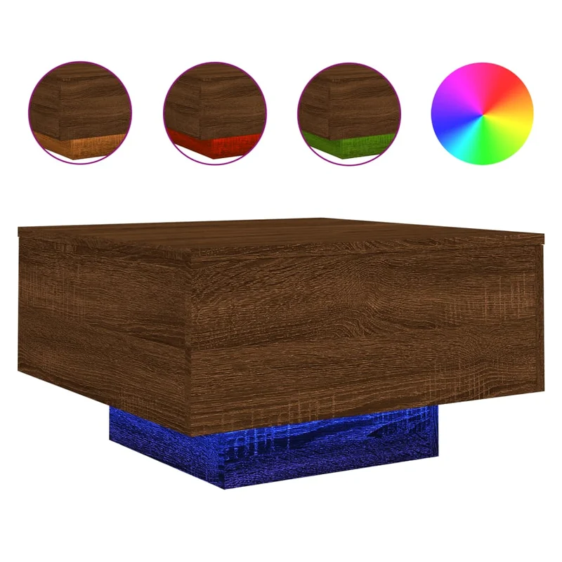 Table basse de salon design moderne avec lumières LED 55 x 55 x 31 cm bois d'ingénierie marron DEC037634