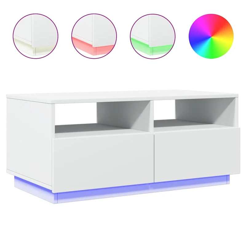 Table basse de salon avec tiroir design moderne avec lumières LED 90 x 49 x 40 cm bois d'ingénierie blanc DEC037602