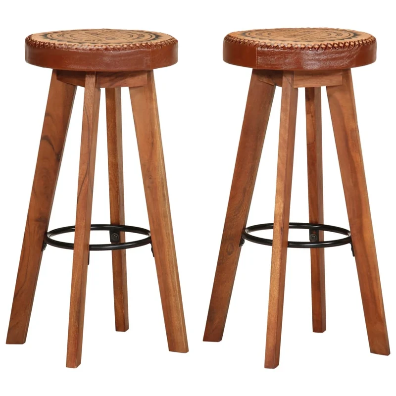 Lot de 2 tabourets de bar chaises hautes en cuir véritable et bois d'acacia design rétro DEC029568