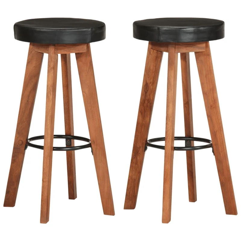 Lot de 2 tabourets de bar chaises hautes design rétro en cuir véritable noir et bois d'acacia DEC029567