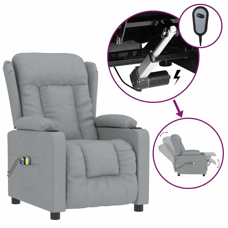 Fauteuil de relaxation avec fonction d'inclinaison électrique et massage en tissu gris clair DEC029295
