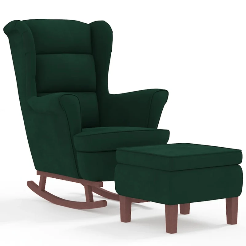 Fauteuil à bascule d'allaitement rembourré relax pour salon avec pieds en bois et repose-pieds tissu vert foncé DEC028770