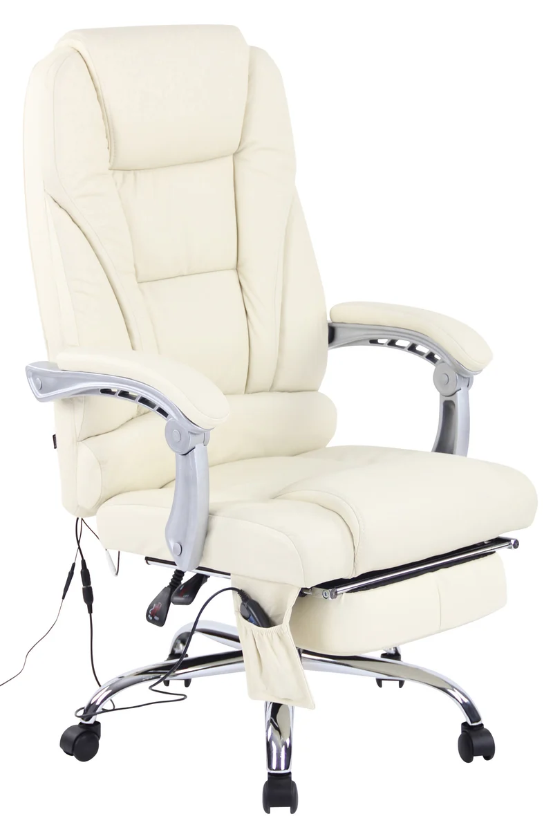 Fauteuil de bureau avec fonction massage et repose-pieds ajustables en véritable cuir crème 10_0002573