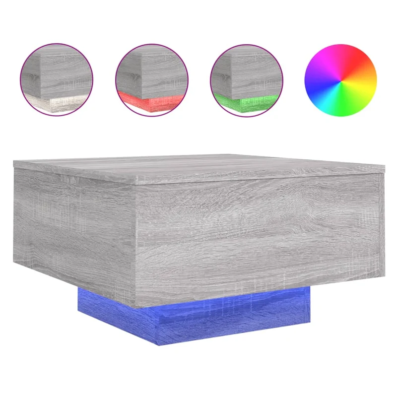 Table basse de salon design moderne avec lumières LED 55 x 55 x 31 cm bois d'ingénierie gris DEC037693