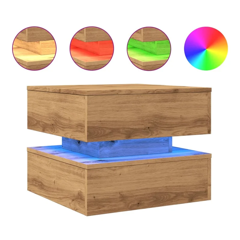 Table basse de salon design moderne avec lumières LED 50 x 50 x 40 cm bois d'ingénierie couleur chêne DEC037609