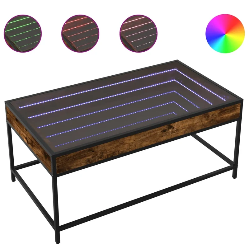 Table basse de salon design moderne avec LED infini 90 x 50 x 41 cm bois d'ingénierie marron verre et métal DEC037457