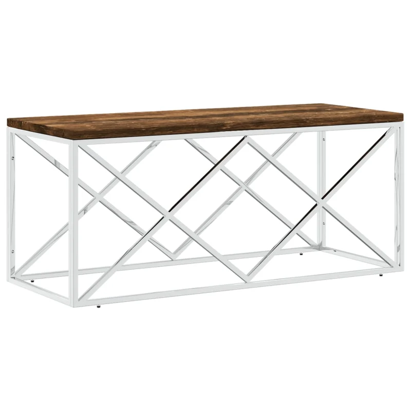 Table basse de salon 110 x 45 x 45 cm acier inoxydable argenté et bois massif de récupération DEC037257