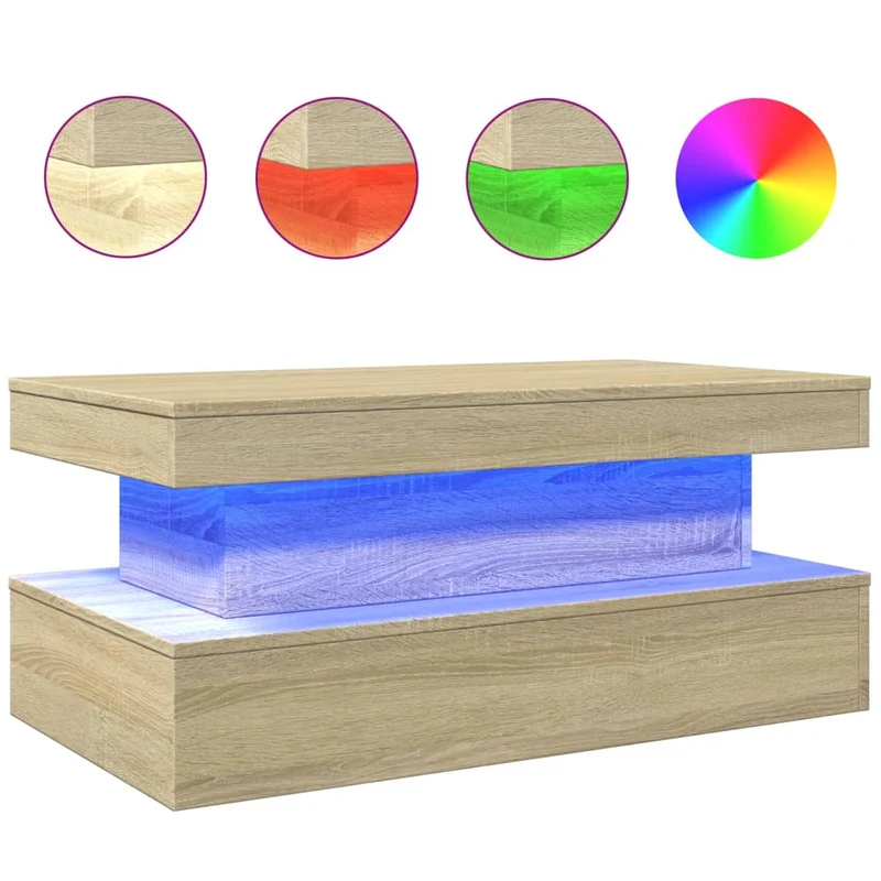 Table basse de salon design moderne avec lumières LED 90 x 50 x 40 cm bois d'ingénierie couleur chêne DEC037654