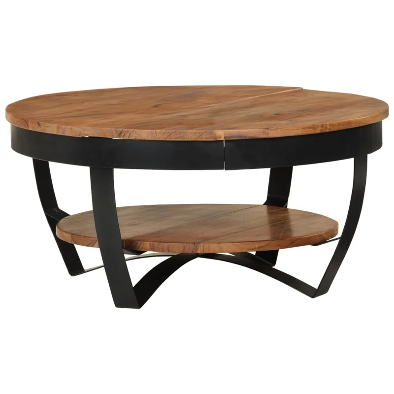 Table basse de salon design industriel 65 x 65 x 32 cm bois d'acacia avec finition marron miel et acier enduit de poudre DEC037112