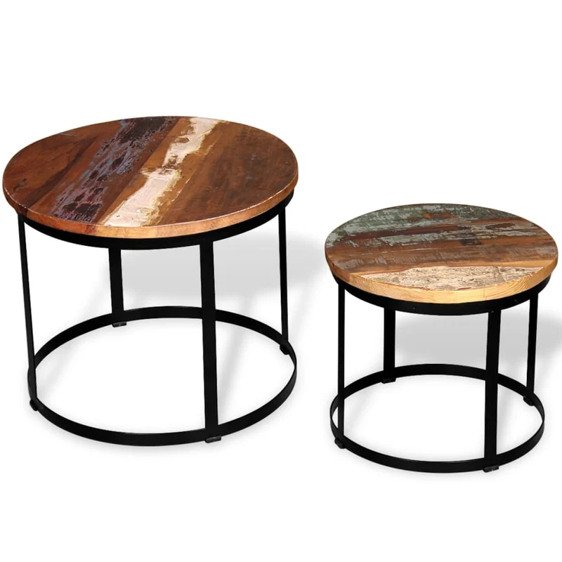Lot de 2 table basse de salon design industriel cadre en fer plateau bois massif récupéré DEC037034