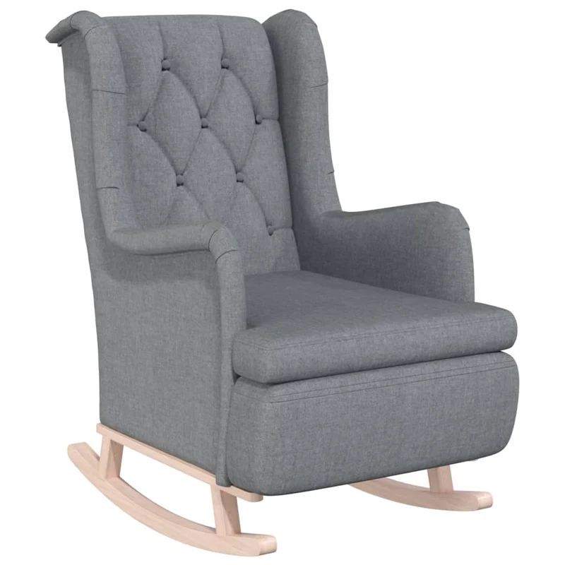 Fauteuil lounge design moderne avec pieds à bascule en bois d'hévéa et tissu gris clair DEC026826