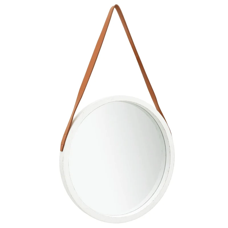 Miroir mural avec sangle marron 50 cm bois blanc DEC022906
