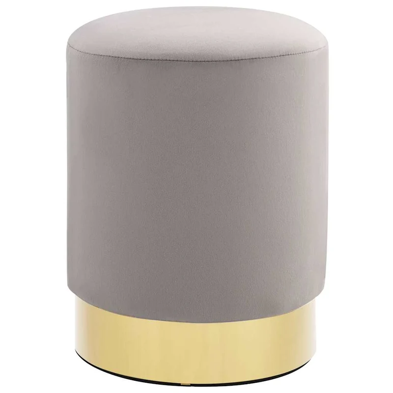 Tabouret assise pouf repose-pied en velours gris clair plaque métallique doré DEC026358