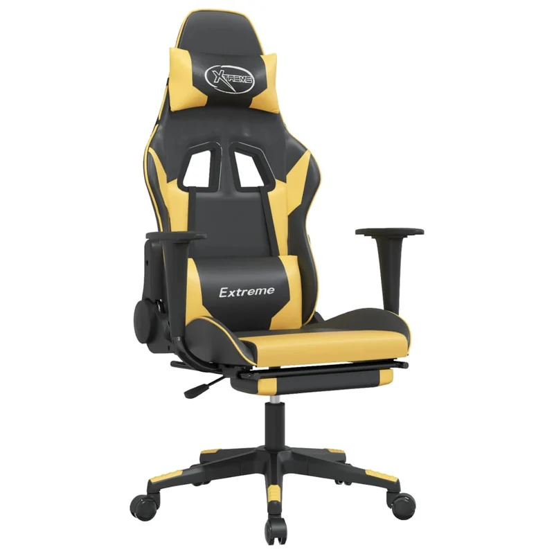 Fauteuil de bureau chaise gaming avec coussin lombaire et repose-pied en PVC doré et noir DEC025876