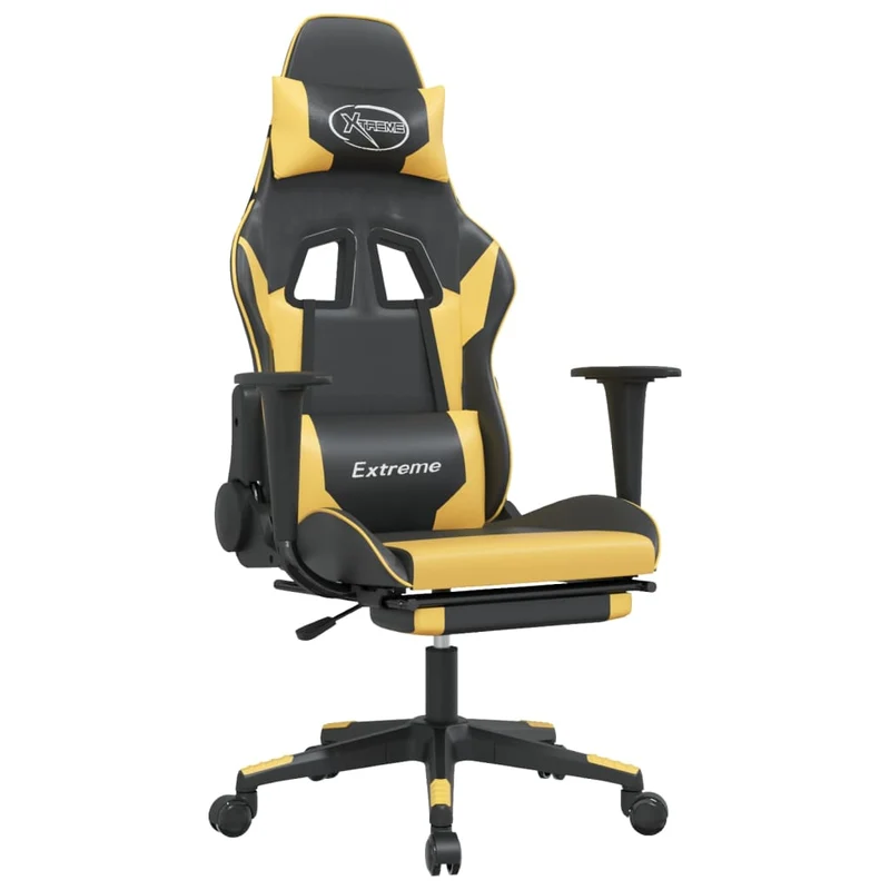 Fauteuil de bureau chaise gaming sur roulettes avec repose-pied noir et doré PVC DEC025773