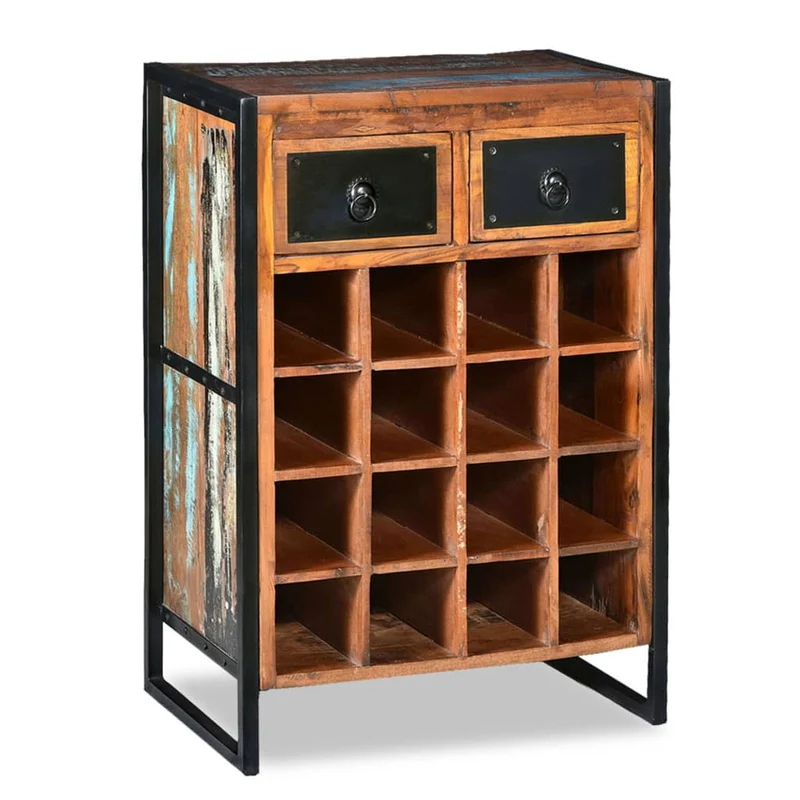 Casier range bouteilles étagère de rangement vin 16 bouteilles 2 tiroirs bois massif de récupération brun DEC024266
