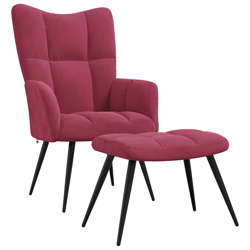 Fauteuil lounge chaise de canapé design moderne avec repose-pieds en velours rouge bordeaux DEC026622