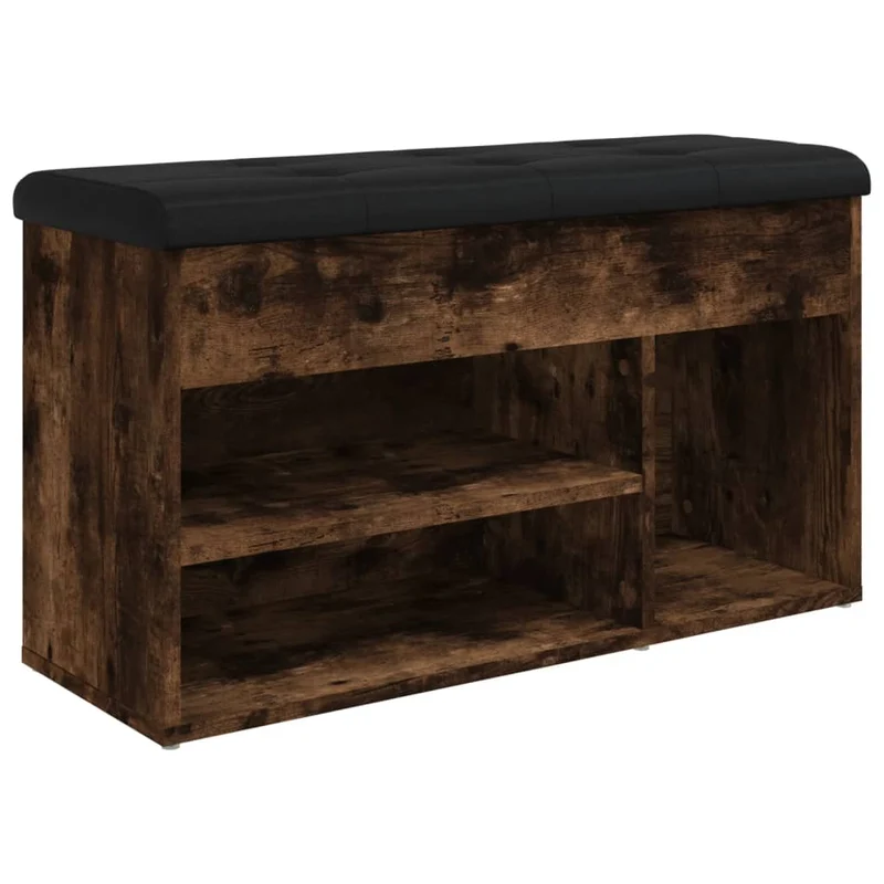 Banc de rangement à chaussures avec coussin d'assise 82 x 32 x 45,5 cm bois d'ingénierie couleur chêne fumé DEC024851