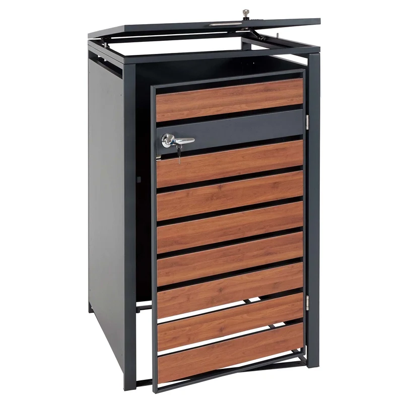 Abris poubelle vérouillable pour une poubelle ou deux poubelles métal anthracite aspect bois de cerisier marron foncé 04_0007003