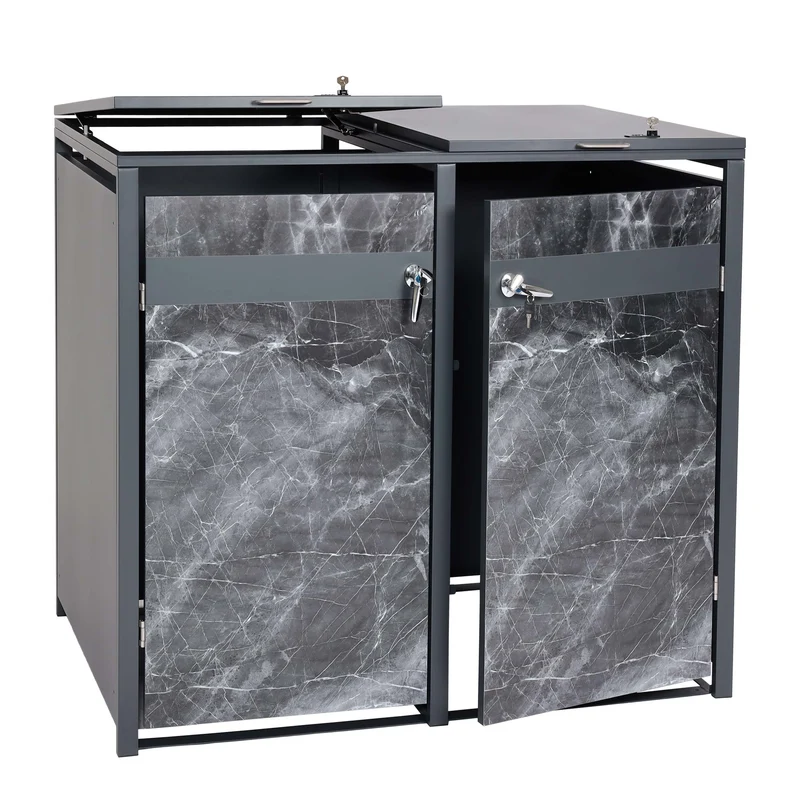 Abris poubelles vérouillable en deux compartiments métal aspect marbre anthracite foncé 04_0006997