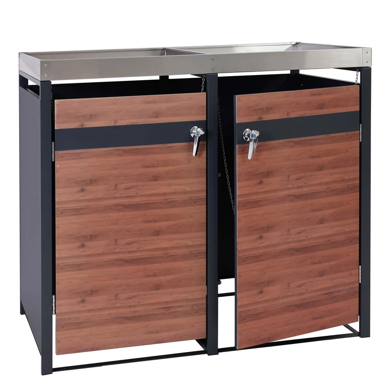 Abris poubelles deux compartiments vérouillable avec bac à plantes en métal anthracite aspect bois de cerisier marron foncé 04_0006993