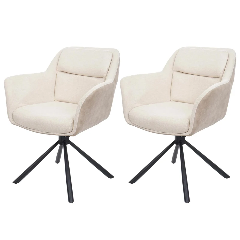 Lot de 2 chaises de salle à manger avec accoudoirs siège pivotant en tissu crème PVC et fer 04_0007362