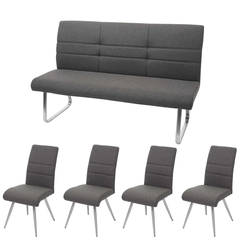 Lot de 4 chaises de salle à manger + banc 160 cm en tissu gris-marron et acier inoxydable 04_0007588
