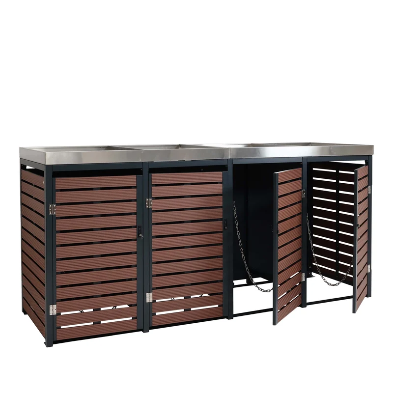 Abris poubelles 4 compartiments avec bac à plantes 124 x 265 x 84 cm wpc acier inoxydable aspect bois de noyer 04_0007562